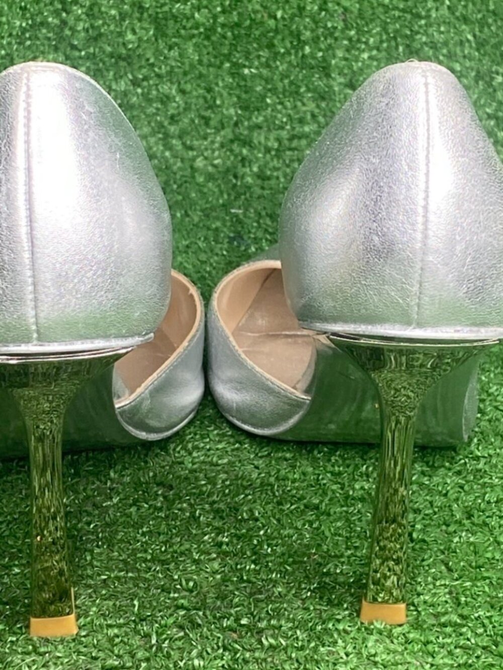 Stuart Weitzman Silver Leather Slip-On Pointed Toe 3.5" Heel Dress Pumps - Picture 7 of 9